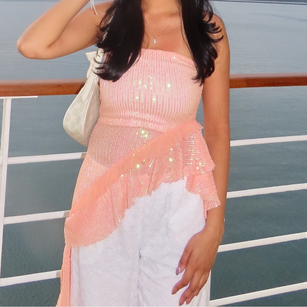 Free people peach sequin high low strapless top